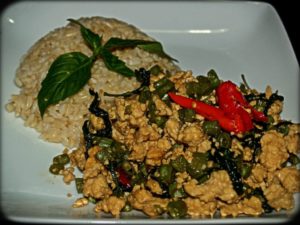 Thai Basil Chopped Chicken Served with Brown Rice
