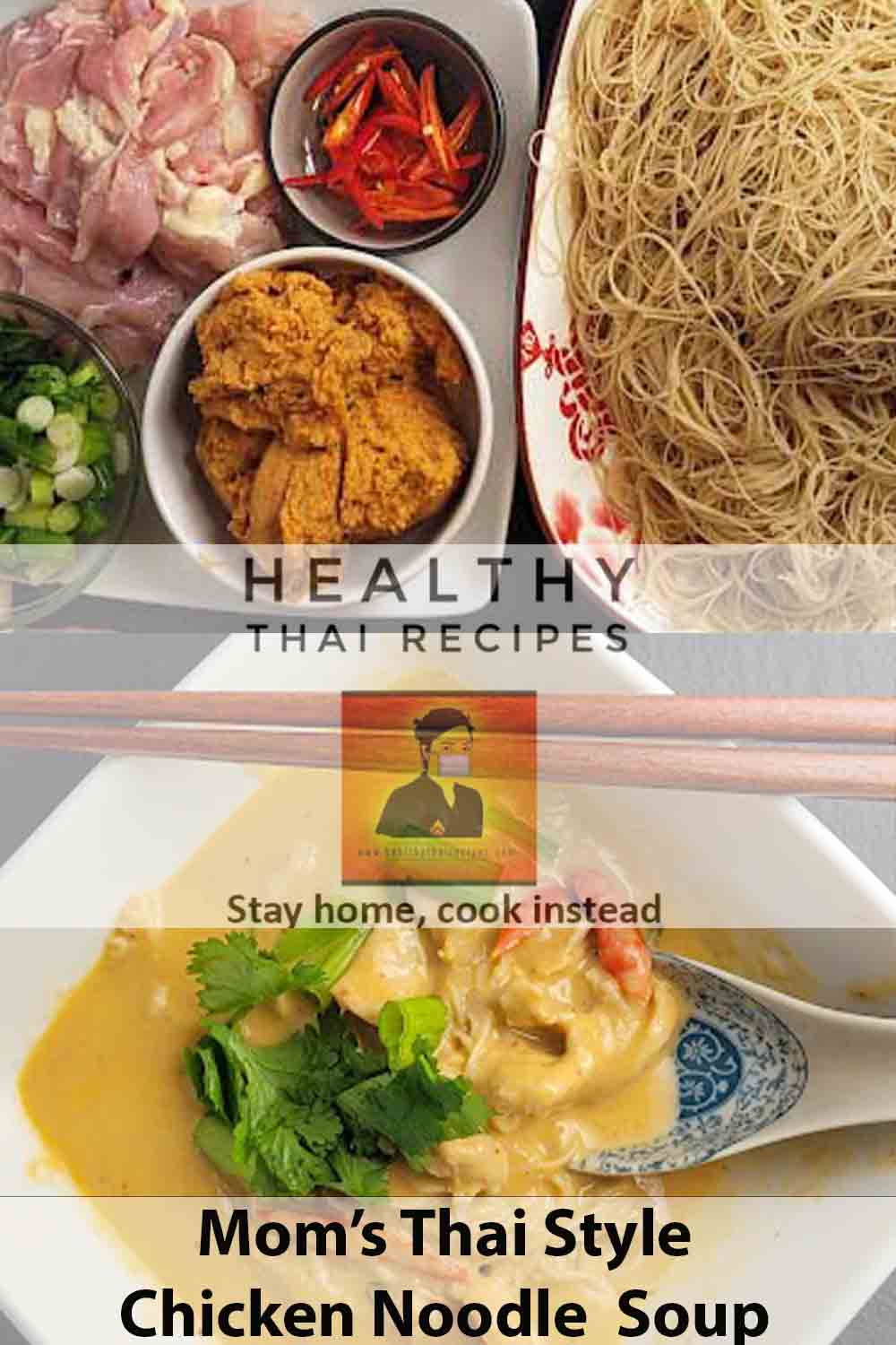 Receta de fideos y sopa de pollo tailandesa fácil de mamá Pinterest Image