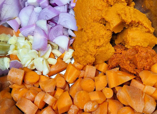 Pumpkin curry ingredients, puree pumpkin, carrots, garlic, shallot, red curry