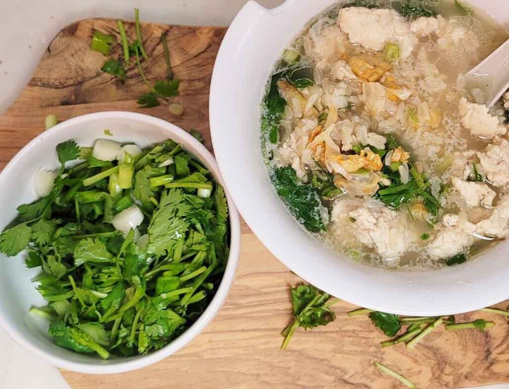 Thai-Moms-Easy-Comforting-Chicken-and-Rice-Soup-Recipe-Overhead-View-Serving-Suggestion